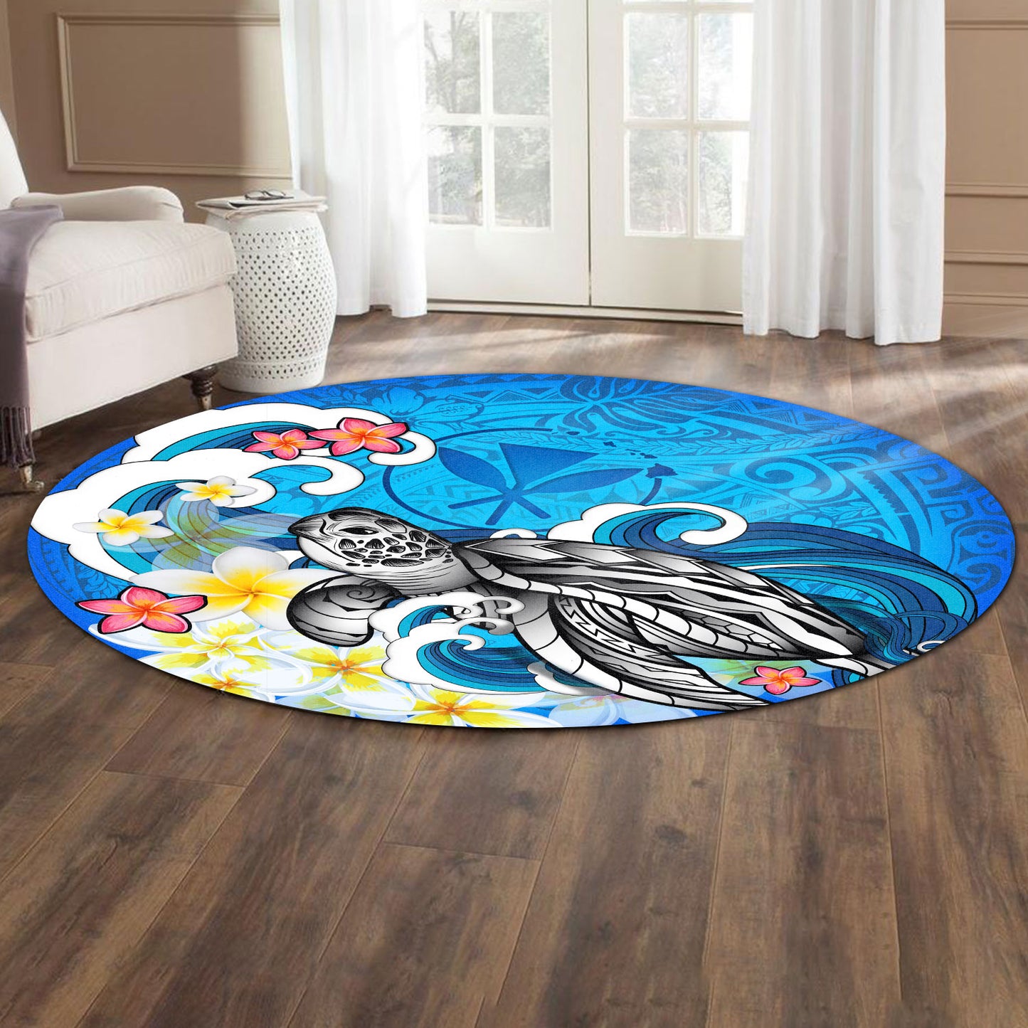 Hawaii Round Rug Turtle With Plumeria Flowers
