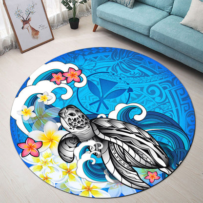 Hawaii Round Rug Turtle With Plumeria Flowers