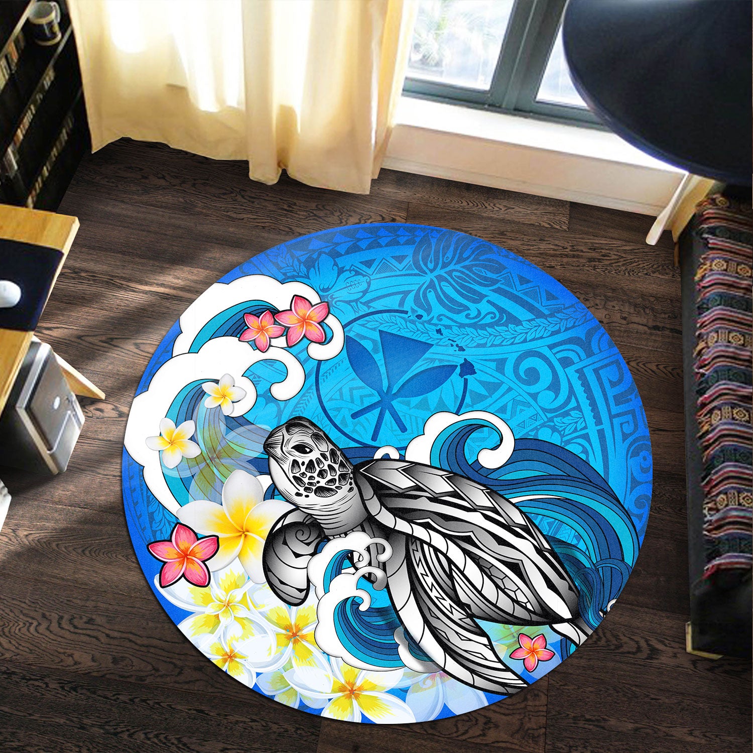 Hawaii Round Rug Turtle With Plumeria Flowers