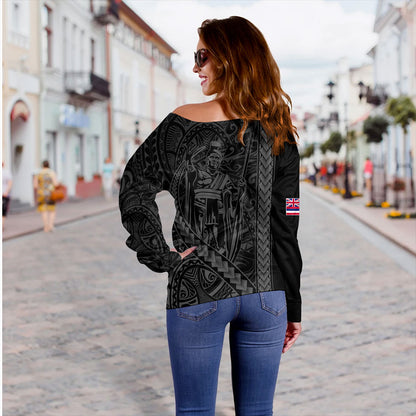 Hawaii Off Shoulder Sweatshirt Tribal Polynesian King Kamehameha