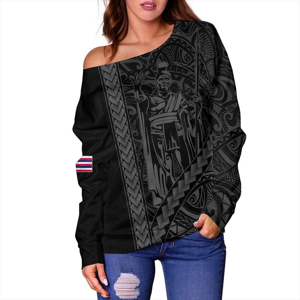 Hawaii Off Shoulder Sweatshirt Tribal Polynesian King Kamehameha