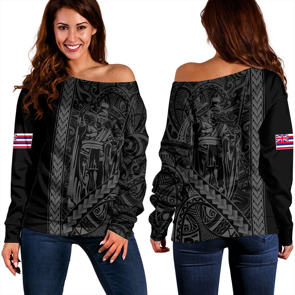 Hawaii Off Shoulder Sweatshirt Tribal Polynesian King Kamehameha