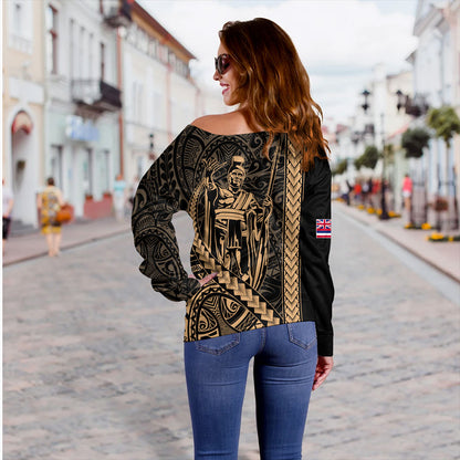 Hawaii Off Shoulder Sweatshirt Tribal Polynesian King Kamehameha