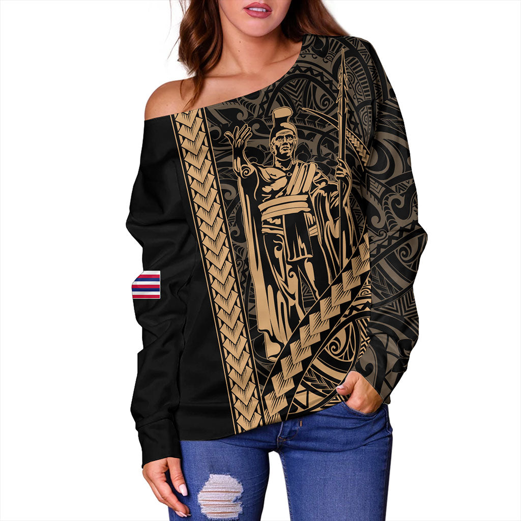Hawaii Off Shoulder Sweatshirt Tribal Polynesian King Kamehameha