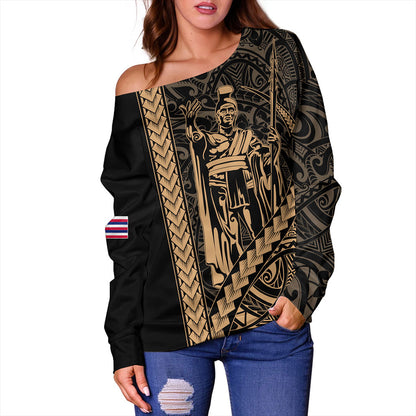 Hawaii Off Shoulder Sweatshirt Tribal Polynesian King Kamehameha