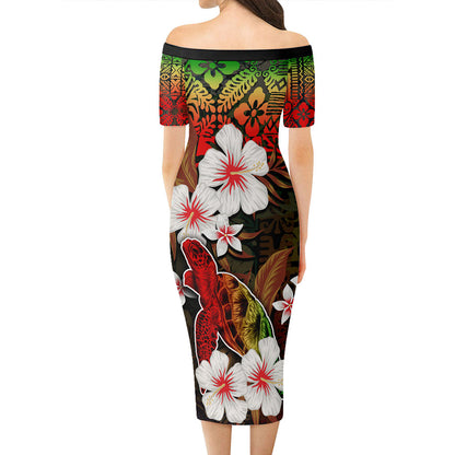 Hawaii Short Sleeve Off The Shoulder Lady Dress Turtle Tropical Style Reggae