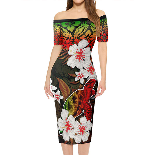 Hawaii Short Sleeve Off The Shoulder Lady Dress Turtle Tropical Style Reggae