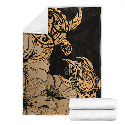 Hawaii Turtle Premium Blanket Polynesian Hibiscus Art Gold
