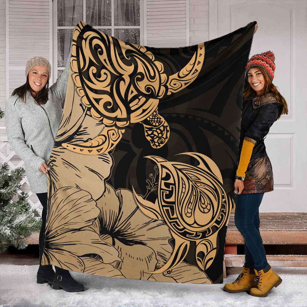 Hawaii Turtle Premium Blanket Polynesian Hibiscus Art Gold