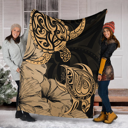 Hawaii Turtle Premium Blanket Polynesian Hibiscus Art Gold