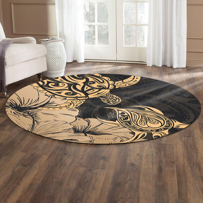 Hawaii Turtle Round Rug Polynesian Hibiscus Art Gold