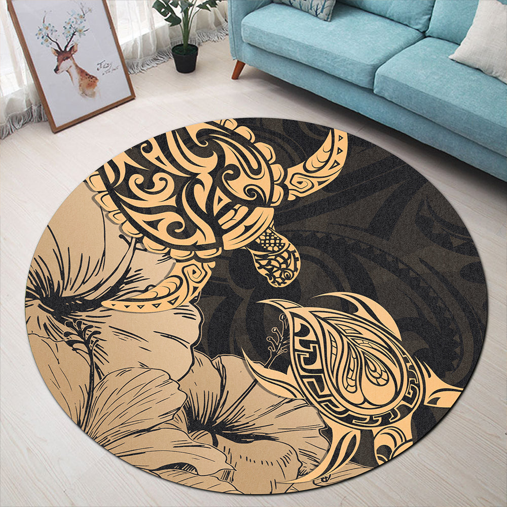 Hawaii Turtle Round Rug Polynesian Hibiscus Art Gold