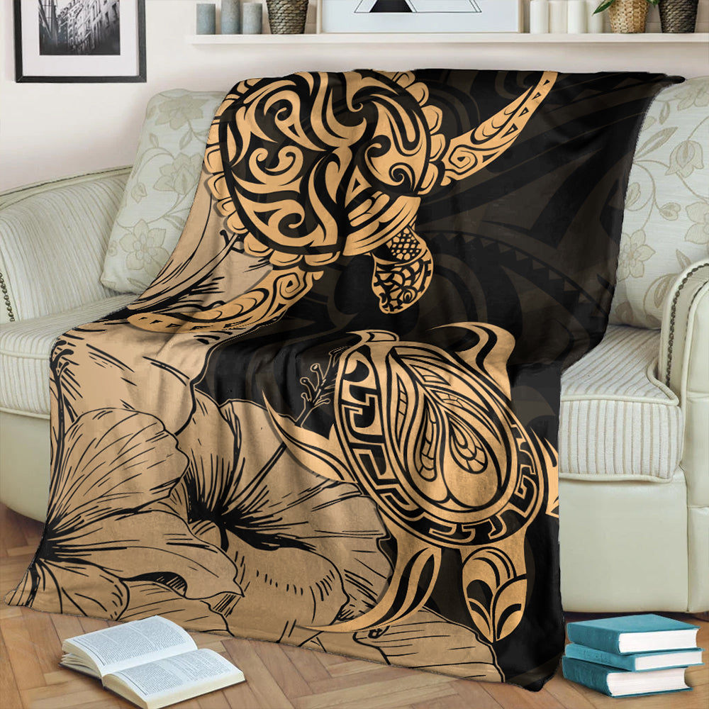 Hawaii Turtle Premium Blanket Polynesian Hibiscus Art Gold