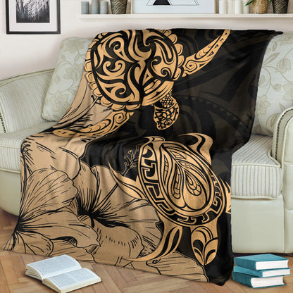 Hawaii Turtle Premium Blanket Polynesian Hibiscus Art Gold