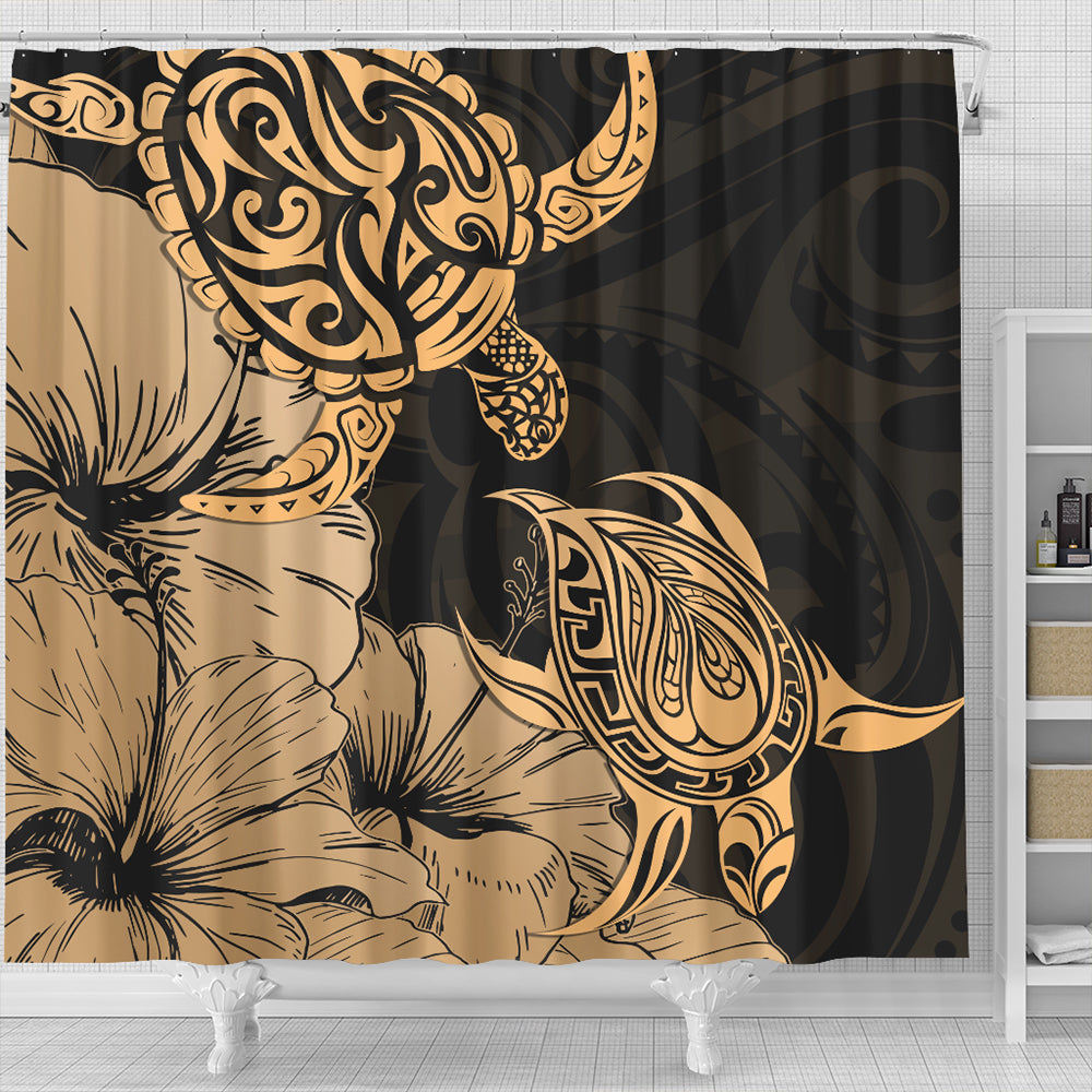 Hawaii Turtle Shower Curtain Polynesian Hibiscus Art Gold