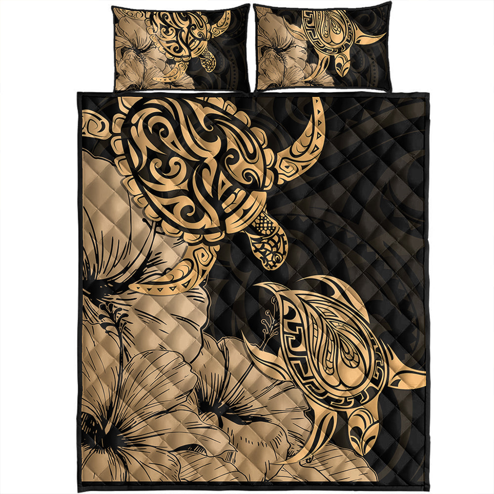 Hawaii Turtle Quilt Bed Set Polynesian Hibiscus Art Gold