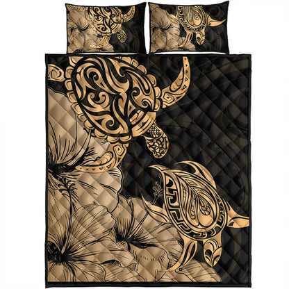 Hawaii Turtle Quilt Bed Set Polynesian Hibiscus Art Gold