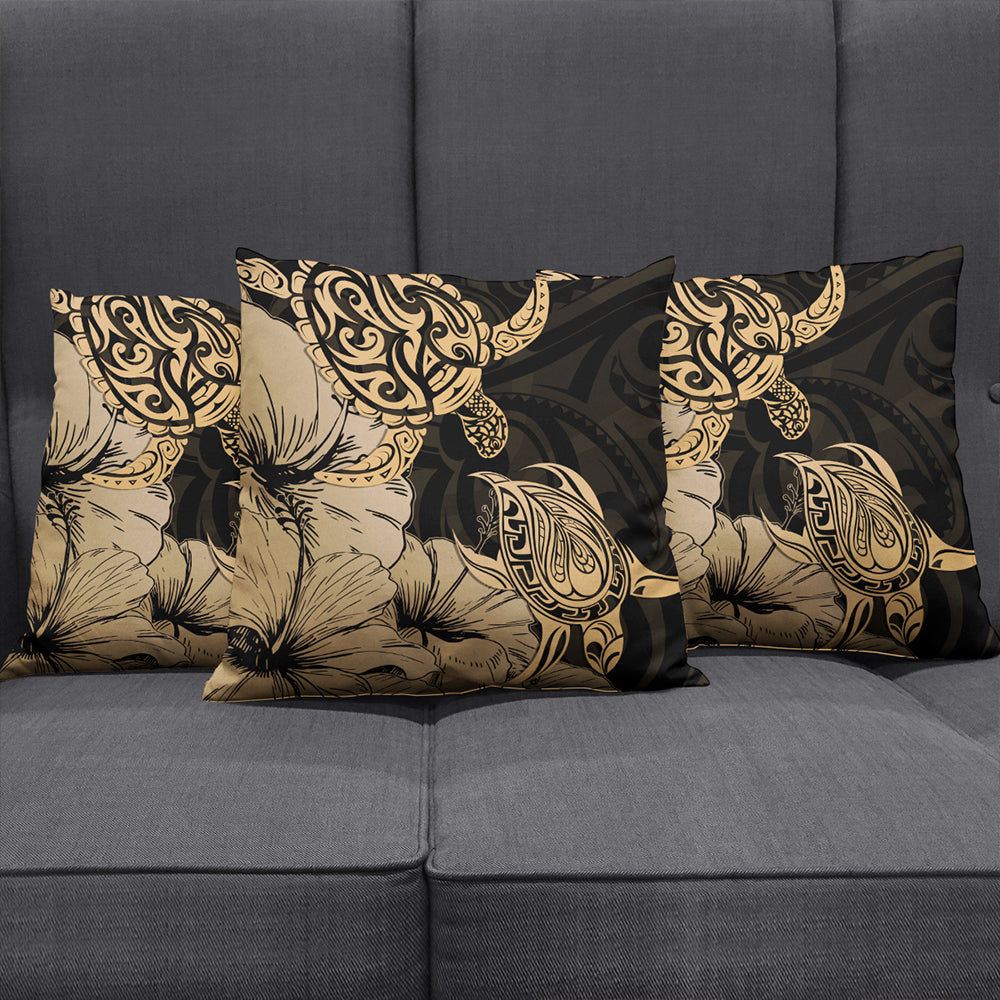 Hawaii Turtle Pillow Cover Polynesian Hibiscus Art Gold