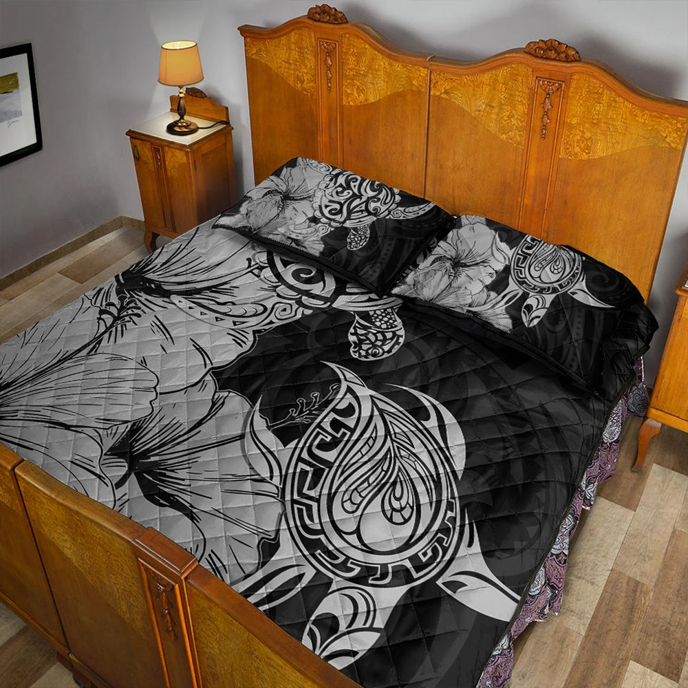 Hawaii Turtle Quilt Bed Set Polynesian Hibiscus Art Gray