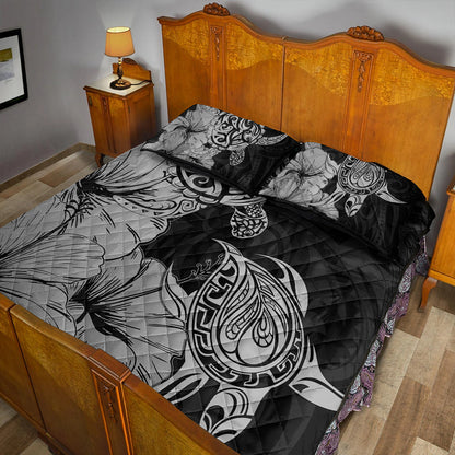 Hawaii Turtle Quilt Bed Set Polynesian Hibiscus Art Gray