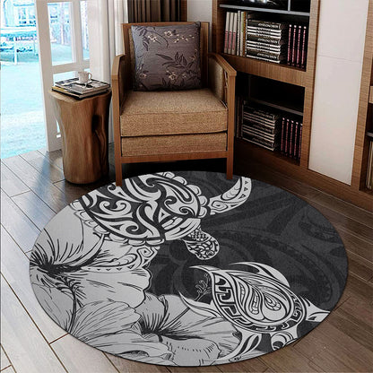 Hawaii Turtle Round Rug Polynesian Hibiscus Art Gray