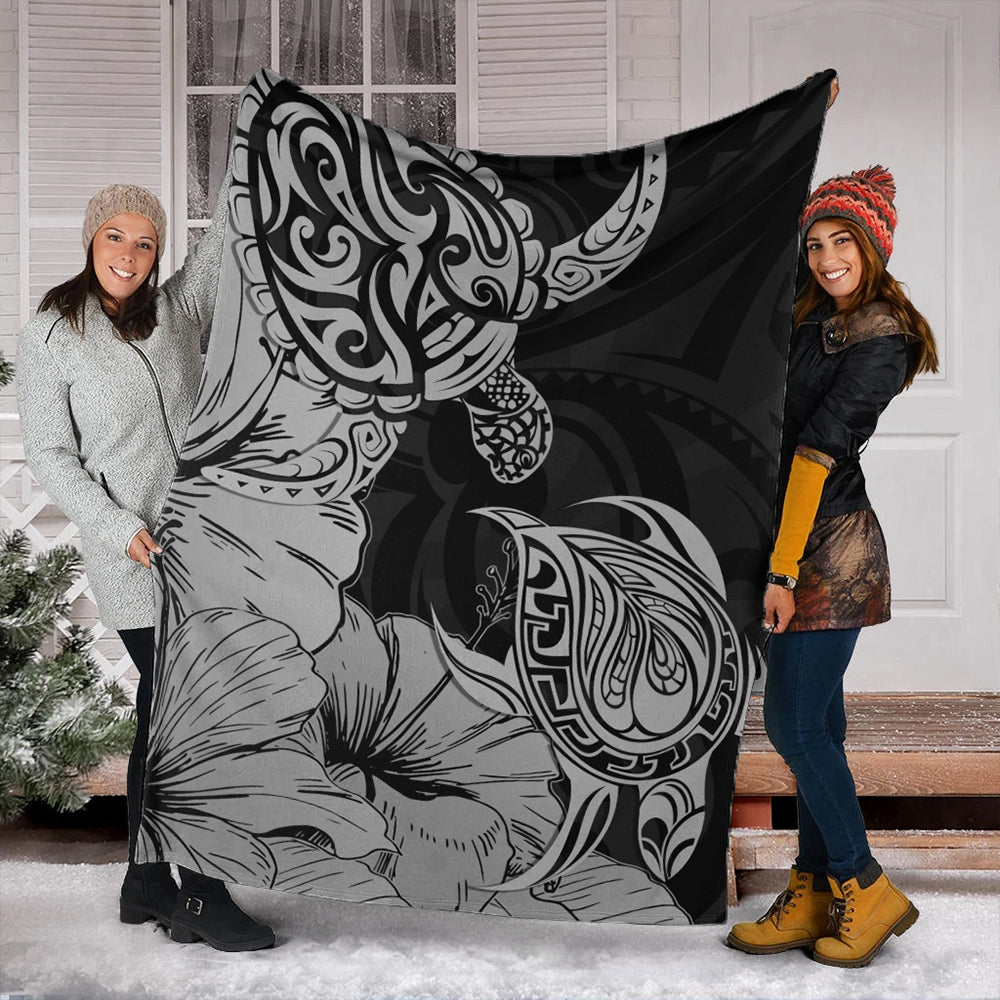 Hawaii Turtle Premium Blanket Polynesian Hibiscus Art Gray