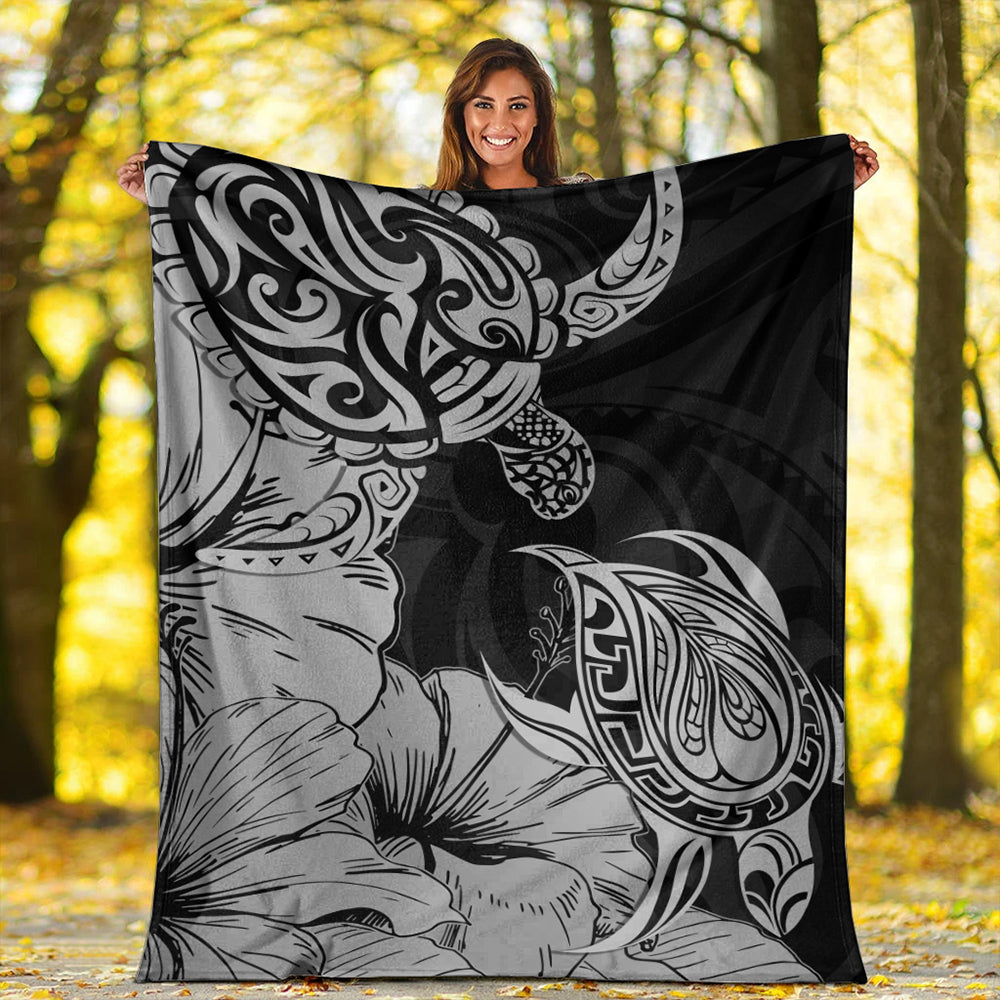 Hawaii Turtle Premium Blanket Polynesian Hibiscus Art Gray