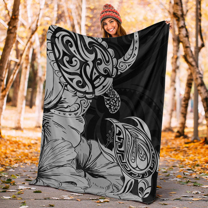 Hawaii Turtle Premium Blanket Polynesian Hibiscus Art Gray