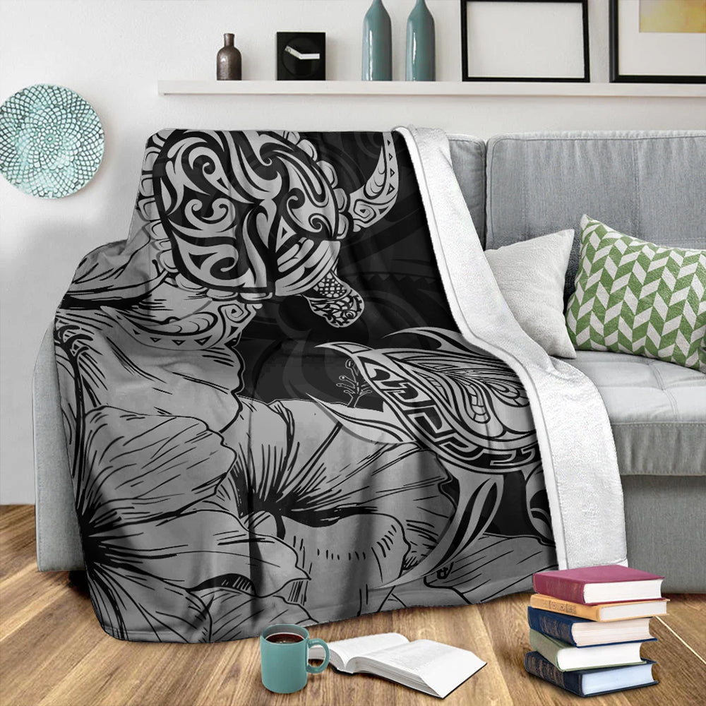 Hawaii Turtle Premium Blanket Polynesian Hibiscus Art Gray