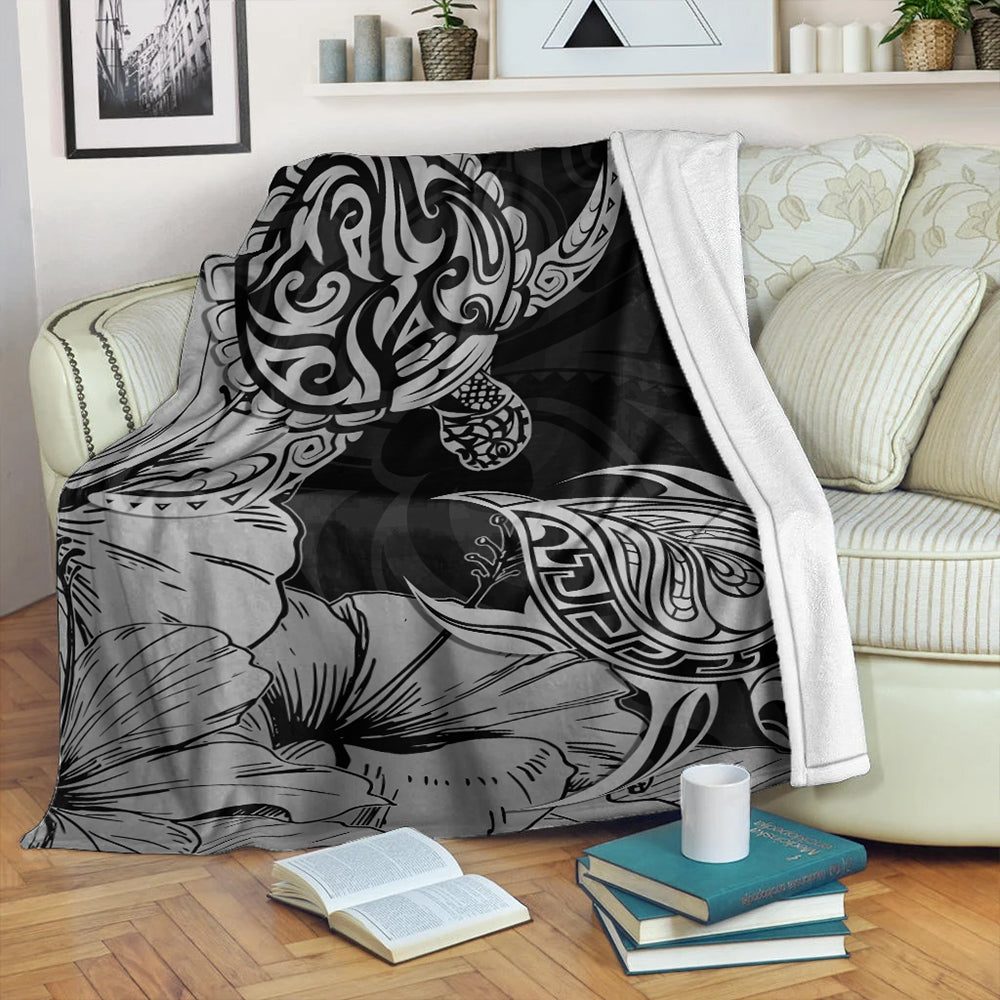 Hawaii Turtle Premium Blanket Polynesian Hibiscus Art Gray