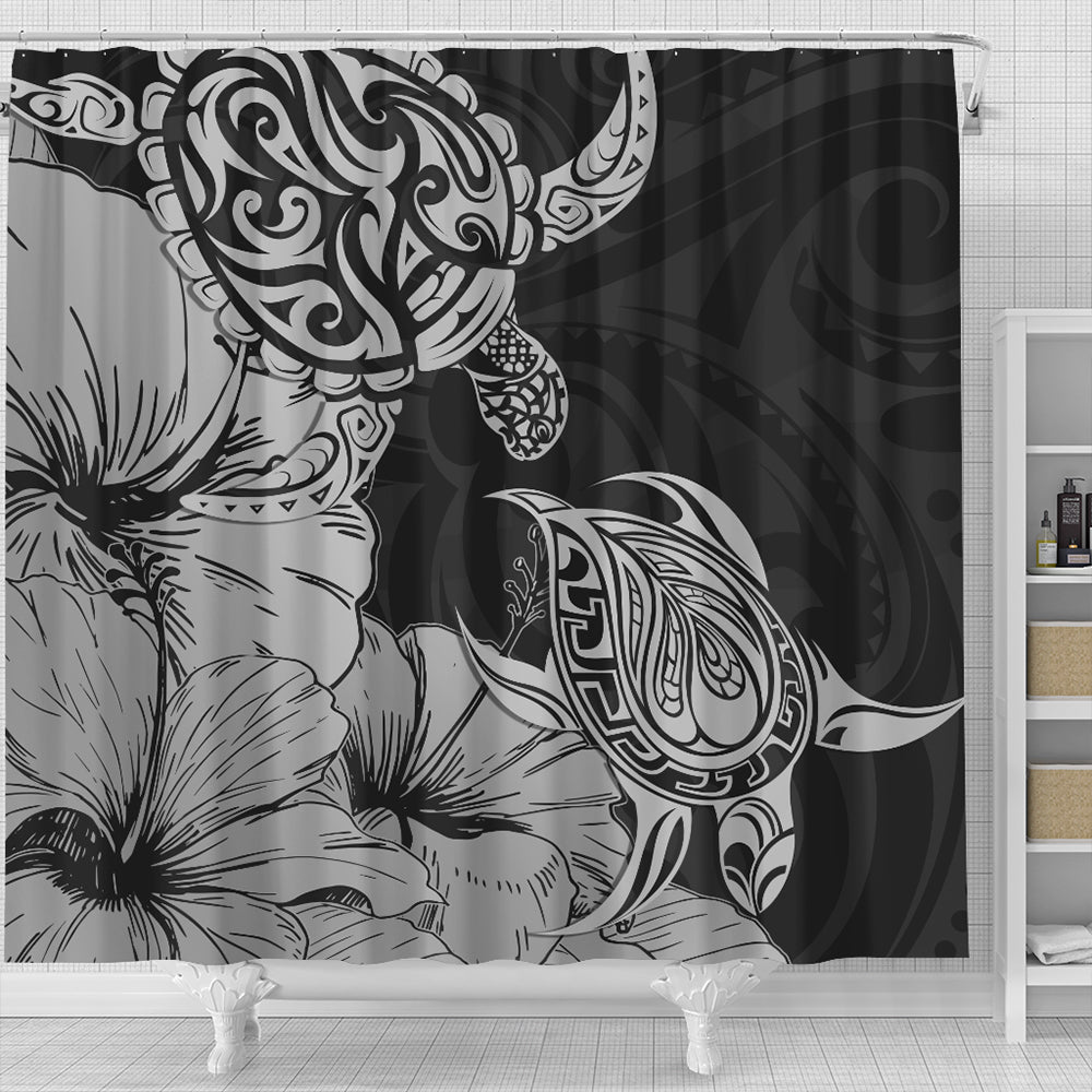 Hawaii Turtle Shower Curtain Polynesian Hibiscus Art Gray