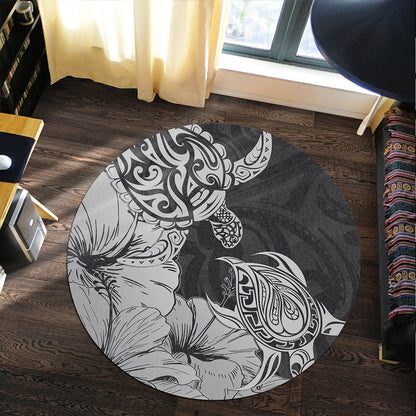 Hawaii Turtle Round Rug Polynesian Hibiscus Art Gray