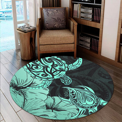 Hawaii Turtle Round Rug Polynesian Hibiscus Art Turquoise