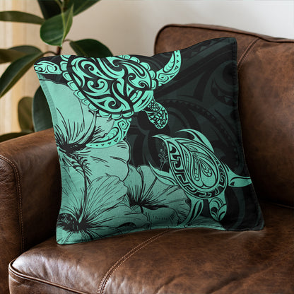 Hawaii Turtle Pillow Cover Polynesian Hibiscus Art Turquoise