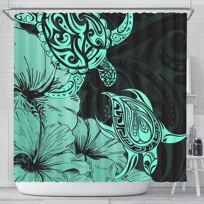 Hawaii Turtle Shower Curtain Polynesian Hibiscus Art Turquoise