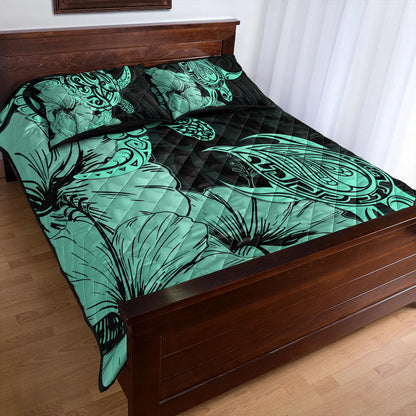 Hawaii Turtle Quilt Bed Set Polynesian Hibiscus Art Turquoise