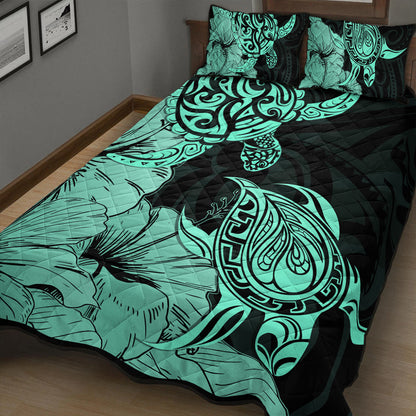 Hawaii Turtle Quilt Bed Set Polynesian Hibiscus Art Turquoise