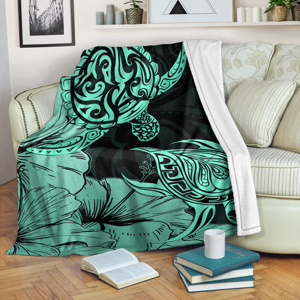 Hawaii Turtle Premium Blanket Polynesian Hibiscus Art Turquoise