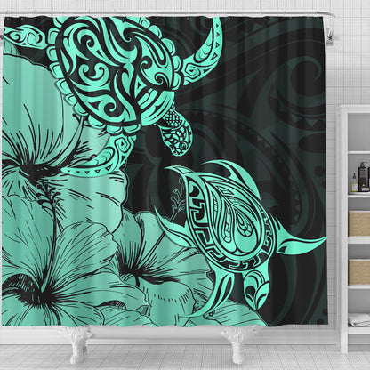 Hawaii Turtle Shower Curtain Polynesian Hibiscus Art Turquoise