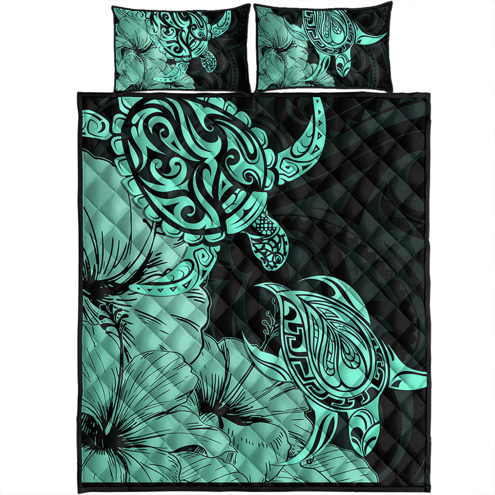 Hawaii Turtle Quilt Bed Set Polynesian Hibiscus Art Turquoise