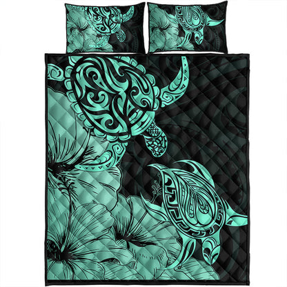 Hawaii Turtle Quilt Bed Set Polynesian Hibiscus Art Turquoise
