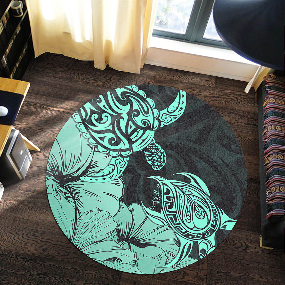 Hawaii Turtle Round Rug Polynesian Hibiscus Art Turquoise
