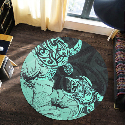 Hawaii Turtle Round Rug Polynesian Hibiscus Art Turquoise