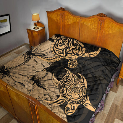 Hawaii Turtle Premium Quilt Polynesian Hibiscus Art Gold