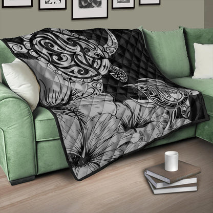 Hawaii Turtle Premium Quilt Polynesian Hibiscus Art Gray