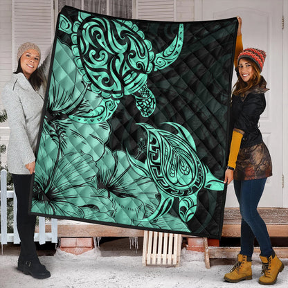 Hawaii Turtle Premium Quilt Polynesian Hibiscus Art Turquoise