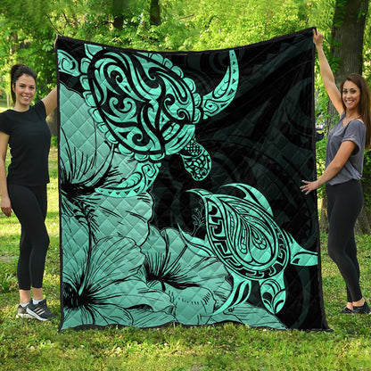 Hawaii Turtle Premium Quilt Polynesian Hibiscus Art Turquoise