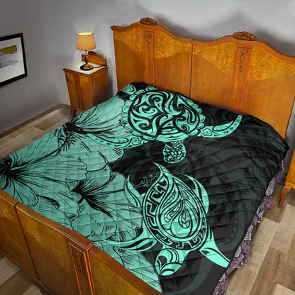 Hawaii Turtle Premium Quilt Polynesian Hibiscus Art Turquoise