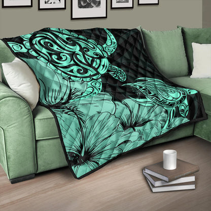 Hawaii Turtle Premium Quilt Polynesian Hibiscus Art Turquoise