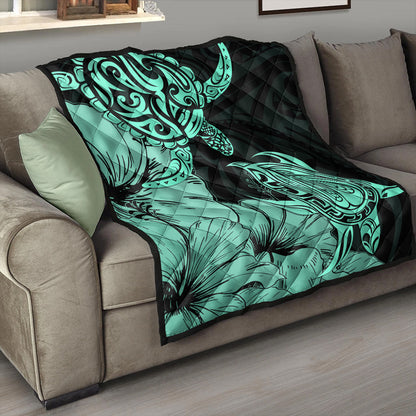 Hawaii Turtle Premium Quilt Polynesian Hibiscus Art Turquoise